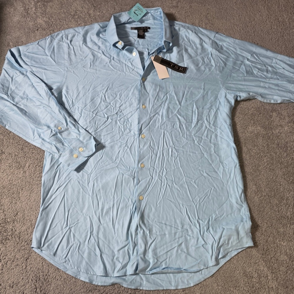 TSR Mens Large Button Front Shirt Blue Long Sleeve Cotton Rayon Textured ZS2350P